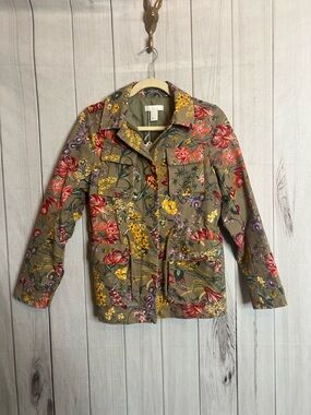 H&M Olive Utility Jacket with Multicolor Floral Print